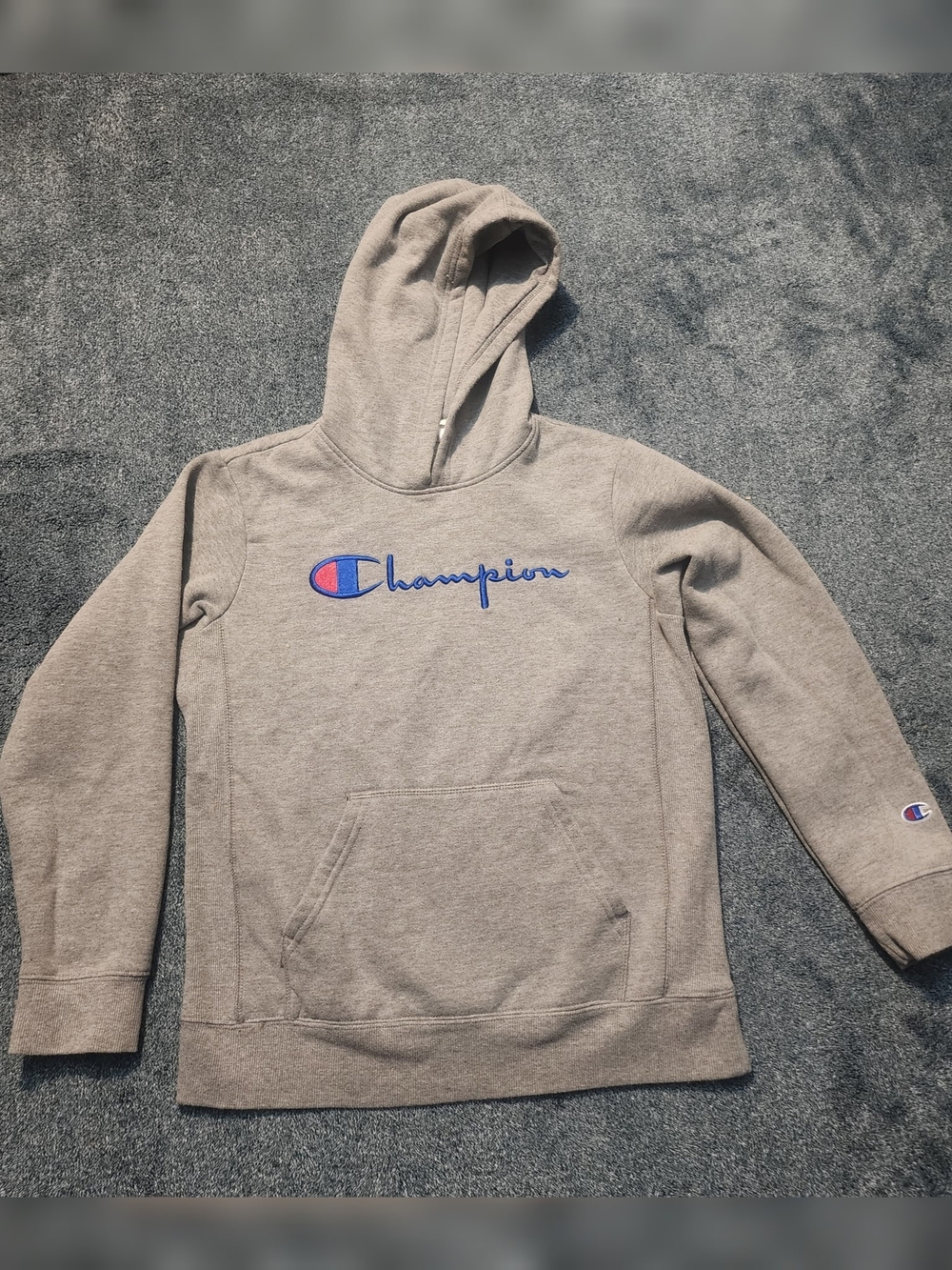 Champion Grey Hoodie with Blue and Red Logo